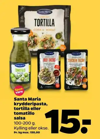 Netto Santa Maria krydderipasta, tortilla eller tomatillo salsa tilbud