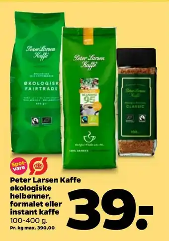 Netto Peter Larsen Kaffe økologiske helbønner, formalet eller instant kaffe tilbud