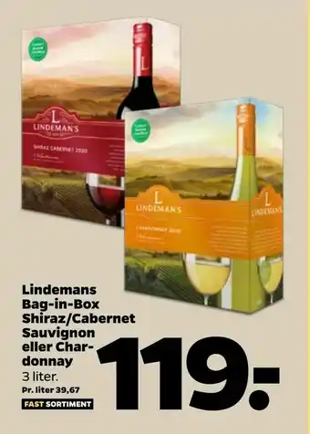 Netto Lindemans Bag-in-Box Shiraz/Cabernet Sauvignon eller Char donnay tilbud
