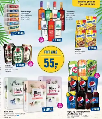 Otto Duborg Toms stænger, cuba vodka, nesquik, slots øl, black tower eller pepsi, 7up zero sugar, mirinda eller mountain dew tilbud