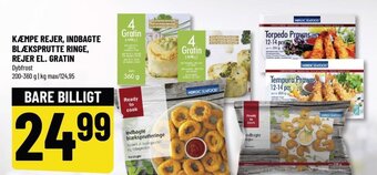 KÆMPE REJER, INDBAGTE BLÆKSPRUTTE RINGE, REJER EL. GRATIN
