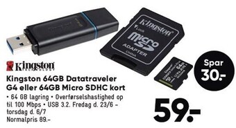 Bilka Kingston 64gb datatraveler g4 eller 64gb micro sdhc kort tilbud