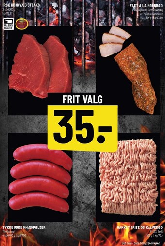 Løvbjerg Irsk kødkvæg, filet a la mørbrad, tykke røde knækpølser eller hakket grise og kalvekød tilbud