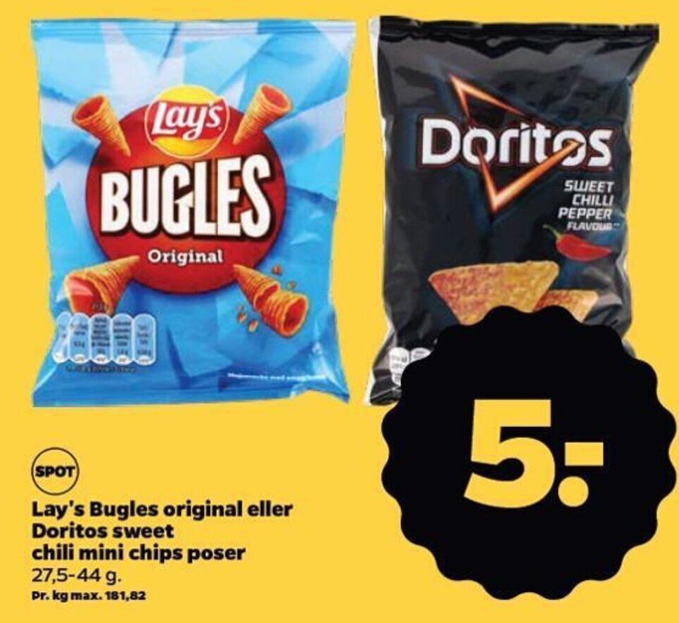 Lay's Bugles original eller Doritos sweet chili mini chips poser tilbud