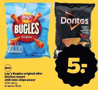 Netto Lay's Bugles original eller Doritos sweet chili mini chips poser tilbud