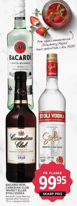 MENY Bacardi rom, canadian club whisky eller stoli vodka tilbud