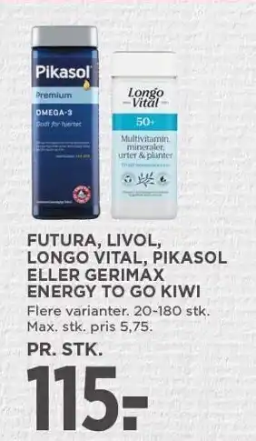 MENY Futura, livol, longo vital, pikasol eller gerimax energy to go kiwi tilbud