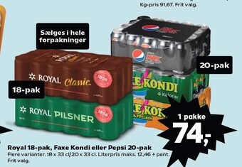 Kvickly Royal 18-pak, faxe kondi eller pepsi 20-pak tilbud