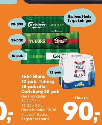 Kvickly 1664 blanc 12-pak, tuborg 18-pak eller carlsberg 20-pak tilbud
