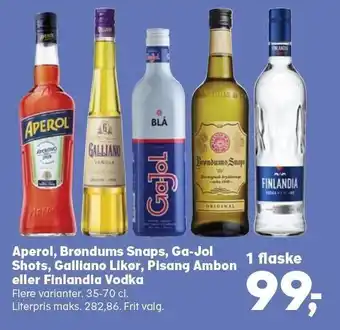 Kvickly Aperol, brøndums snaos, ga-jol shots, galliano likør, pisang ambon eller finlandia vodka tilbud