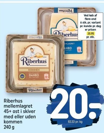 REMA 1000 Riberhus mellemlagret 45+ ost i skiver med eller uden kommen tilbud