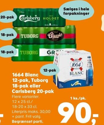 SuperBrugsen 1664 Blanc 12-pak, Tuborg 18-pak eller Carlsberg 20-pak tilbud