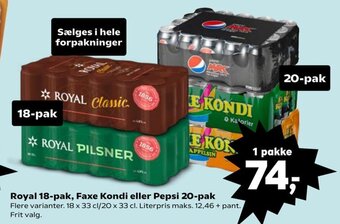 SuperBrugsen Royal 18-pak, Faxe Kondi eller Pepsi 20-pak tilbud