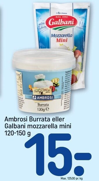 REMA 1000 Ambrosi burrata eller galbani mozzarella mini tilbud