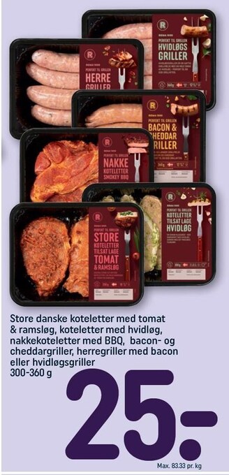 REMA 1000 Store danske koteletter med tomat & ramsløg, koteletter med hvidløg, nakkekoteletter med bbq, bacon- og cheddargrill, herregr tilbud