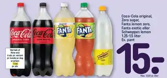 REMA 1000 Coca-cola original, zero sugar, fanta lemon zero, fanta exotic elelr schweppes lemon 1,25-1,5 liter tilbud