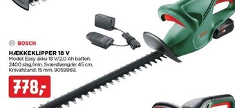 jem & fix BOSCH HÆKKEKLIPPER 18 V Model: Easy akku 18 V/2,0 Ah batteri. tilbud