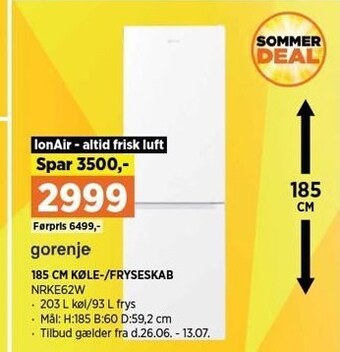 Power Gorenje 185 cm køle-/fryseskab tilbud