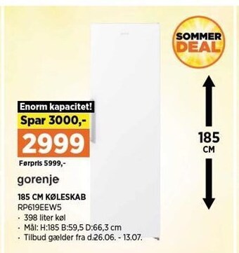 Power Gorenje 185 cm køleskab tilbud