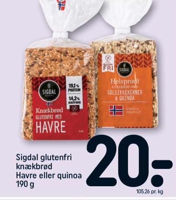 Sigdal glutenfri knækbrød Havre eller quinoa tilbud hos Rema 1000