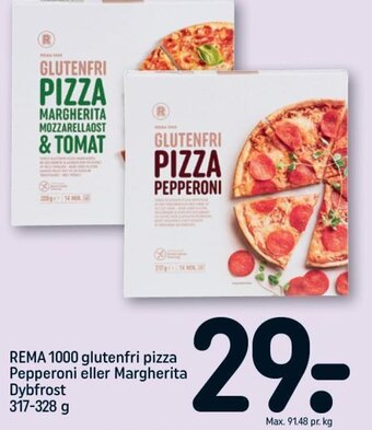 REMA 1000 REMA 1000 glutenfri pizza Pepperoni eller Margherita Dybfrost 317-328 g tilbud