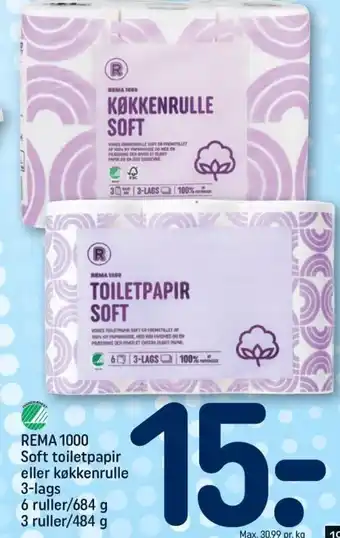 REMA 1000 REMA 1000 Soft toiletpapir eller køkkenrulle 3-lags tilbud