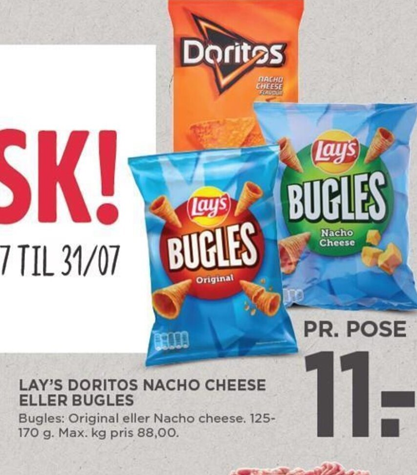 LAY'S DORITOS NACHO CHEESE ELLER BUGLES tilbud hos MENY