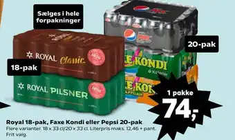 SuperBrugsen Royal 18-pak, Faxe Kondi eller Pepsi 20-pak tilbud