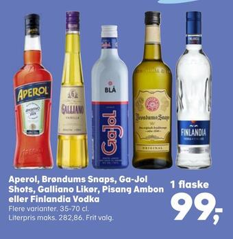 Aperol, brøndums snaps, ga-jol shots, galliano likør, pisang ambon eller finlandia vodka