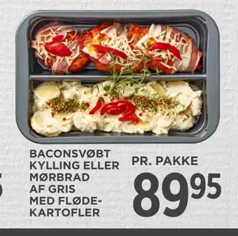 MENY Baconsvøbt kylling eller mørbrad af gris med flødekartofler tilbud