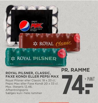 MENY Royal pilsner, classic, faxe kondi eller pepsi max tilbud