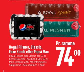 Min Købmand Royal pilsner, classic, faxe kondi eller pepsi max tilbud