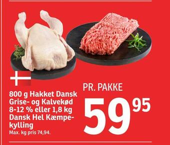 SPAR 800 g hakket dansk grise- og kalvekød 8-12 % eller 1,8 kg dansk hel kæmpe kylling tilbud