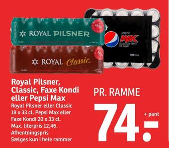 SPAR Royal pilsner, classic, faxe kondi eller pepsi max tilbud