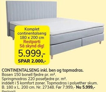 Daells Bolighus Continentalseng inkl. ben og topmadras tilbud