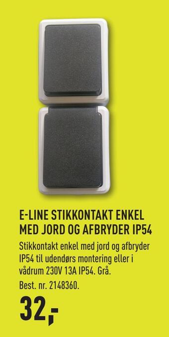 E-line stikkontakt enkel med jord og afbryder ip54