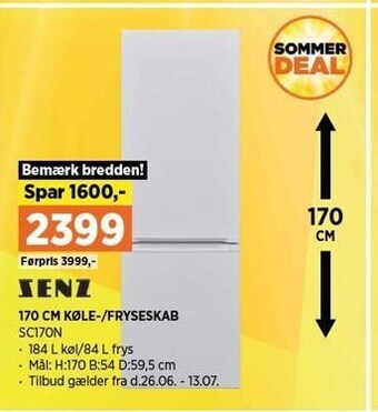 Power Senz 170 cm køle-/fryseskab tilbud