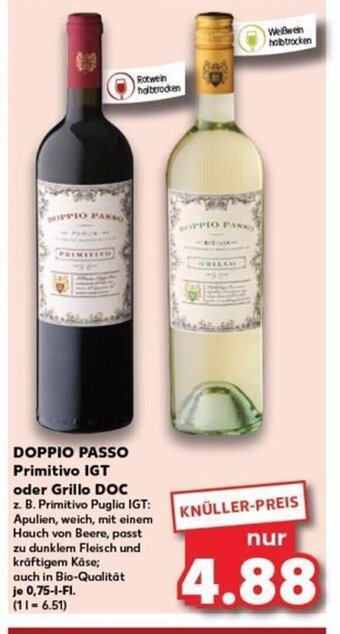 Kaufland DE DOPPIO PASSO Primitivo IGT oder Grillo DOC tilbud
