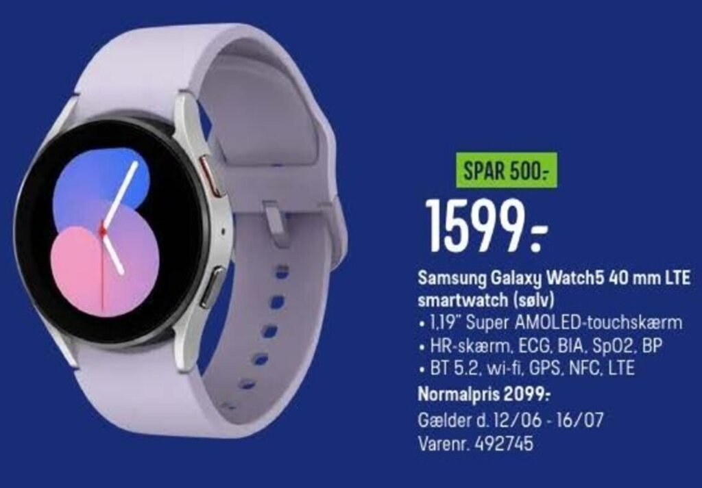 Samsung Galaxy Watch5 40 mm LTE smartwatch (sølv) tilbud hos Elgiganten