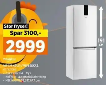 Power Whirlpool 191 cm Køle-/ Fryseskab W7821OW tilbud