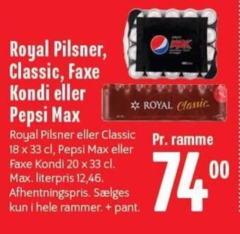 Min Købmand Royal Pilsner, Classic, Faxe Kondi eller Pepsi Max tilbud