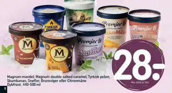 REMA 1000 Magnum mandel, Magnum double salted caramel, Tyrkisk peber, Skumbanan, Snøfler, Brunsviger eller Citronmåne Dybfrost. tilbud