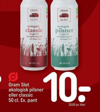 REMA 1000 Gram Slot økologisk pilsner eller classic 50 cl. Ex. pant tilbud