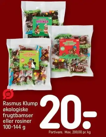 REMA 1000 Rasmus Klump økologiske frugtbamser eller rosiner 100-144 g tilbud