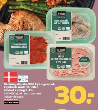 Netto Velsmag danske BBQ kyllingespyd, krydrede underlår eller hakket kylling 3-7% tilbud