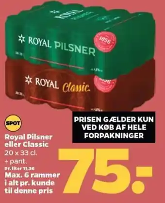 Netto Royal Pilsner eller Classic 20 x 33 cl. tilbud