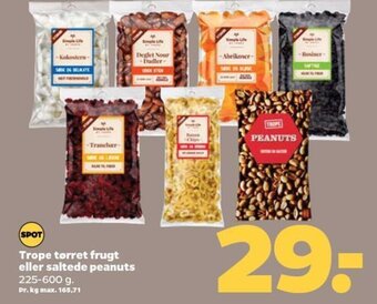 Trope tørret frugt eller saltede peanuts 225-600 g.