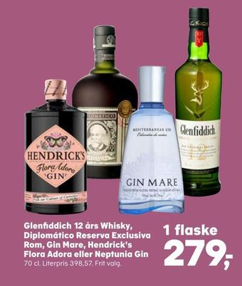 Kvickly Glenfiddich 12 års whisky, diplomático reserva exclusiva rom, gin mare, hendrick's flora adora eller neptunia gin tilbud