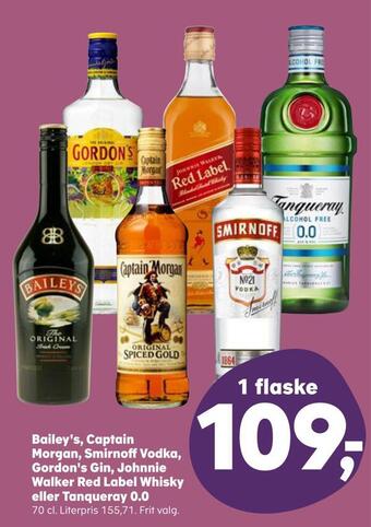Kvickly Bailey's, captain morgan, smirnoff vodka, gordon's gin, johnnie walker red label whisky eller tanqueray 0,0 tilbud