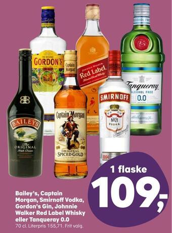 SuperBrugsen Bailey's, captain morgan, smirnoff vodka, gordon's gin, johnnie walker red label whisky eller tanqueray 0,0 tilbud